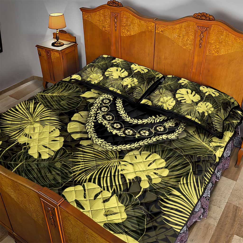 Yellow Hawaii Kukui Nut Lei Quilt Bed Set Hawaiian Pattern Monstera Tropical Vibes LT14 - Polynesian Pride
