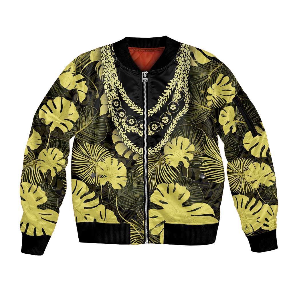 Yellow Hawaii Kukui Nut Lei Sleeve Zip Bomber Jacket Hawaiian Pattern Monstera Tropical Vibes LT14 Unisex Yellow - Polynesian Pride