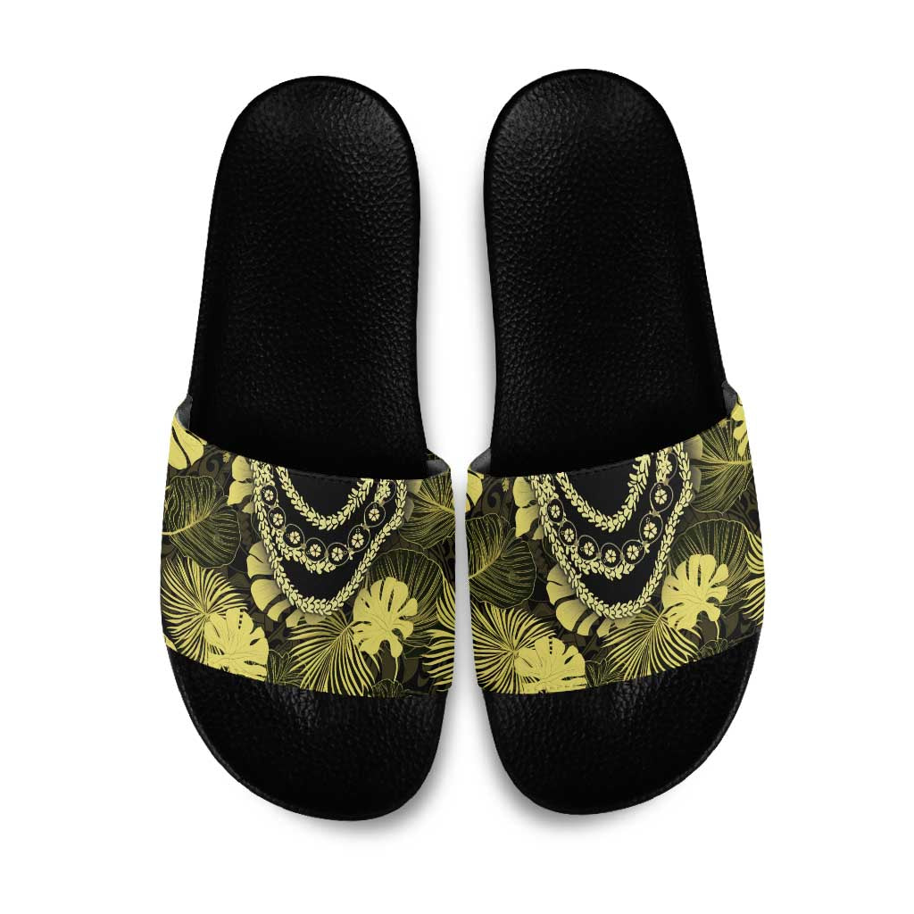Yellow Hawaii Kukui Nut Lei Slide Sandals Hawaiian Pattern Monstera Tropical Vibes LT14 Yellow - Polynesian Pride
