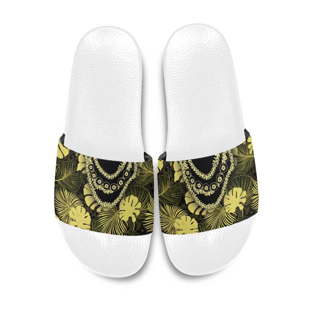 Yellow Hawaii Kukui Nut Lei Slide Sandals Hawaiian Pattern Monstera Tropical Vibes LT14 Yellow - Polynesian Pride