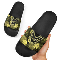 Yellow Hawaii Kukui Nut Lei Slide Sandals Hawaiian Pattern Monstera Tropical Vibes LT14 - Polynesian Pride