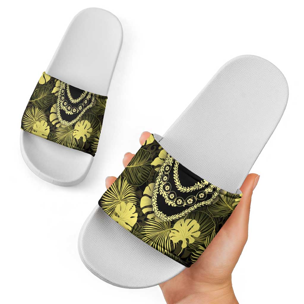 Yellow Hawaii Kukui Nut Lei Slide Sandals Hawaiian Pattern Monstera Tropical Vibes LT14 - Polynesian Pride