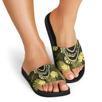Yellow Hawaii Kukui Nut Lei Slide Sandals Hawaiian Pattern Monstera Tropical Vibes LT14 - Polynesian Pride
