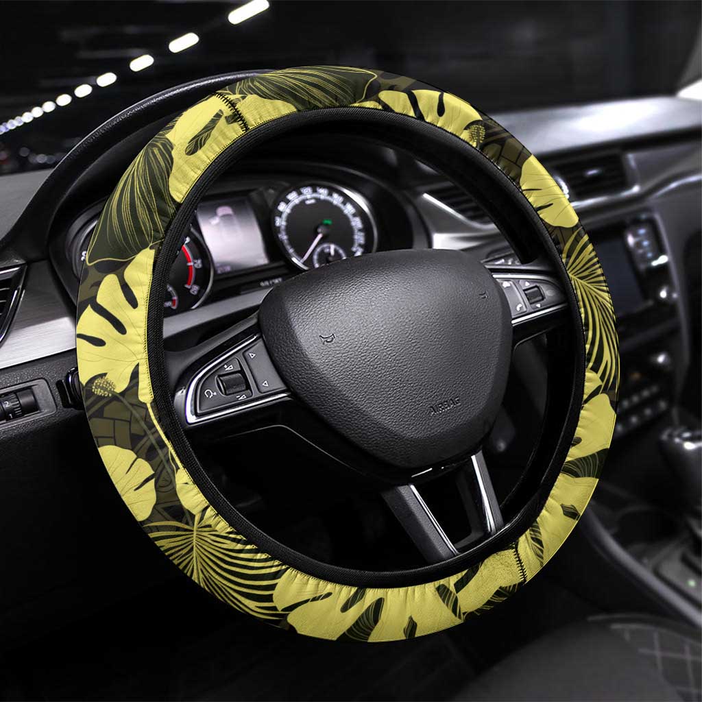 Yellow Hawaii Kukui Nut Lei Steering Wheel Cover Hawaiian Pattern Monstera Tropical Vibes LT14 Universal Fit Yellow - Polynesian Pride