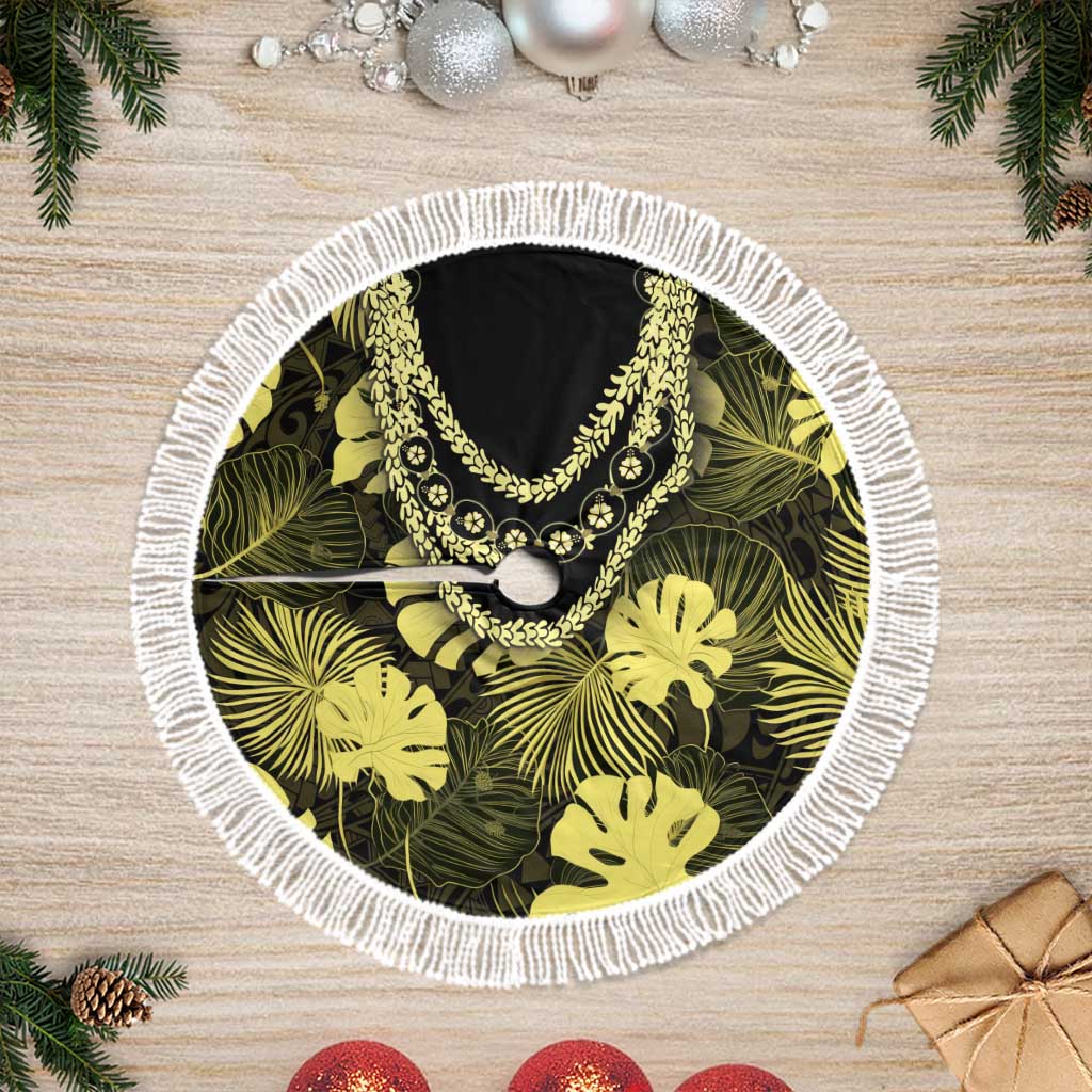 Yellow Hawaii Kukui Nut Lei Tree Skirt Hawaiian Pattern Monstera Tropical Vibes LT14 Fringed Yellow - Polynesian Pride