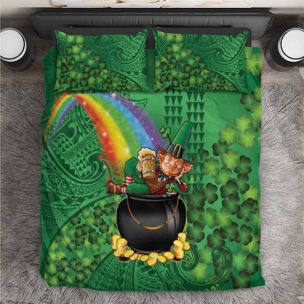 Hawaii Saint Patrick's Day Bedding Set Funny Leprechaun With Pot Of Gold - Polynesian Tattoo LT14 Green - Polynesian Pride