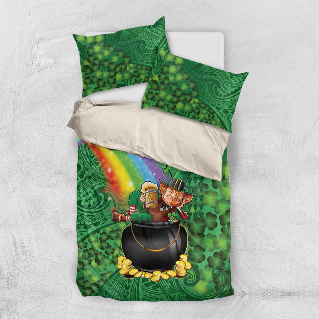 Hawaii Saint Patrick's Day Bedding Set Funny Leprechaun With Pot Of Gold - Polynesian Tattoo LT14 US Twin 172cm x 218cm Green - Polynesian Pride