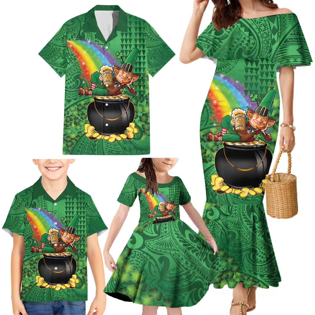 Hawaii Saint Patrick's Day Family Matching Mermaid Dress and Hawaiian Shirt Funny Leprechaun With Pot Of Gold - Polynesian Tattoo