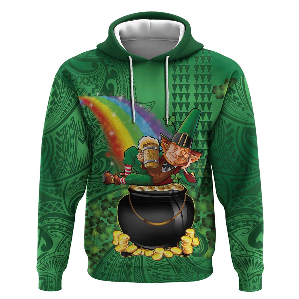 Hawaii Saint Patrick's Day Hoodie Funny Leprechaun With Pot Of Gold - Polynesian Tattoo