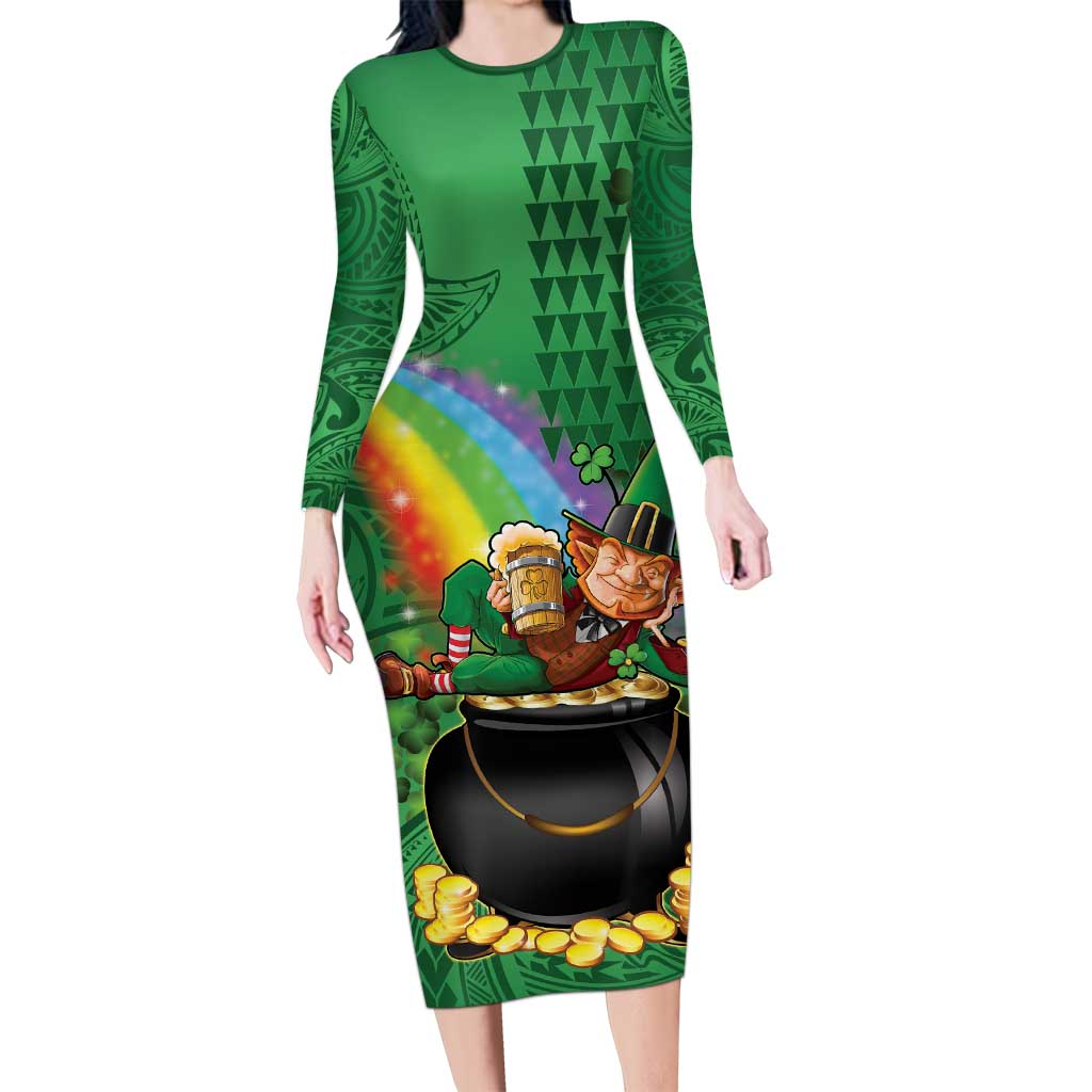 Hawaii Saint Patrick's Day Long Sleeve Bodycon Dress Funny Leprechaun With Pot Of Gold - Polynesian Tattoo LT14 Long Dress Green - Polynesian Pride