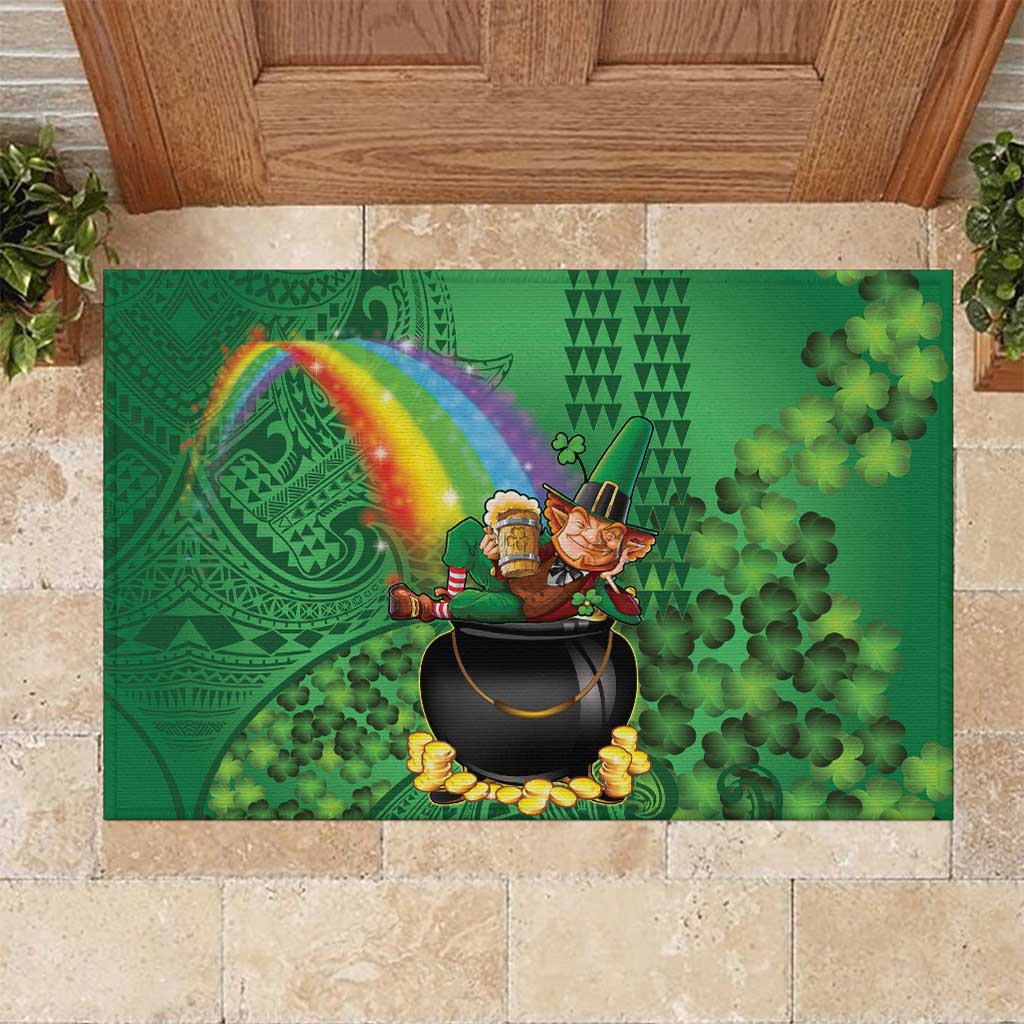 Hawaii Saint Patrick's Day Rubber Doormat Funny Leprechaun With Pot Of Gold - Polynesian Tattoo LT14 Green - Polynesian Pride