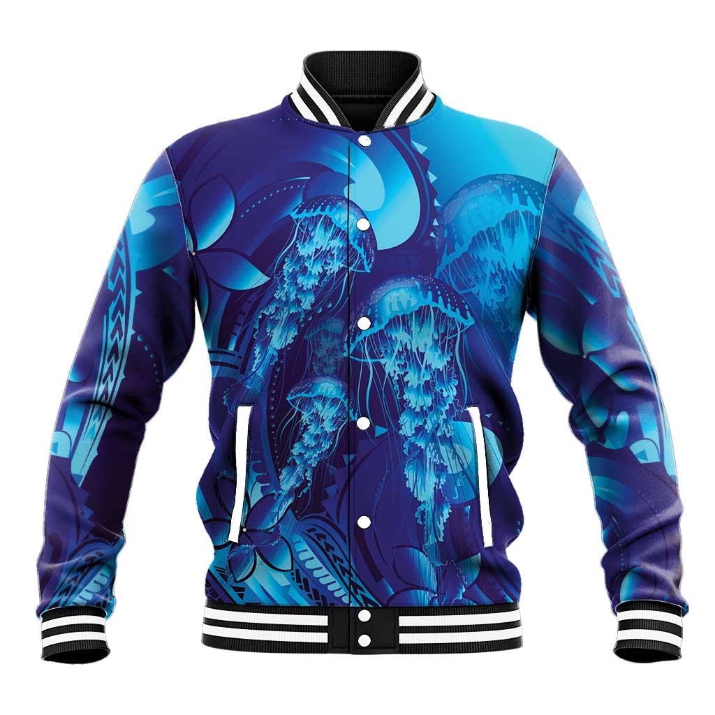 Purple Paradise Polynesia Jellyfish Baseball Jacket Plumeria Polynesian Tattoo Glowing Vibes LT14 Unisex Purple - Polynesian Pride