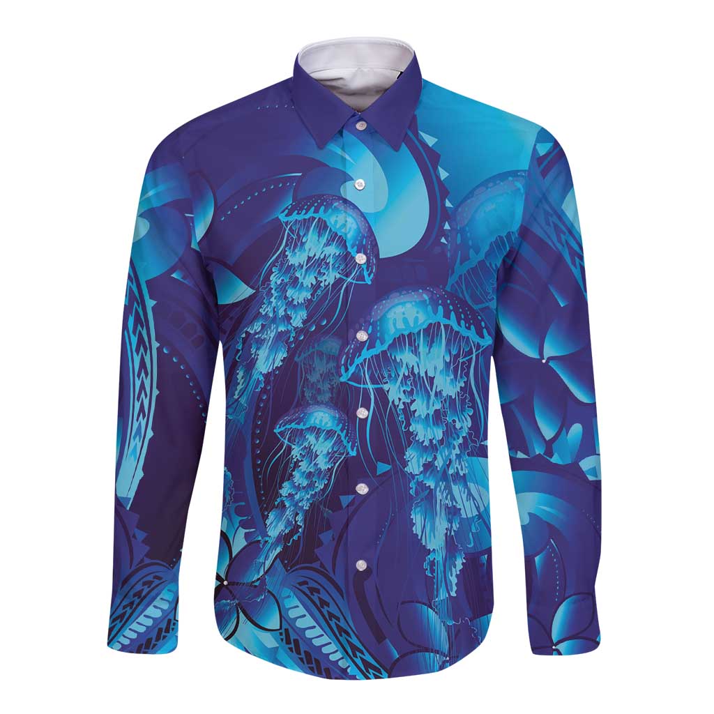 Purple Paradise Polynesia Jellyfish Long Sleeve Button Shirt Plumeria Polynesian Tattoo Glowing Vibes LT14 Unisex Purple - Polynesian Pride