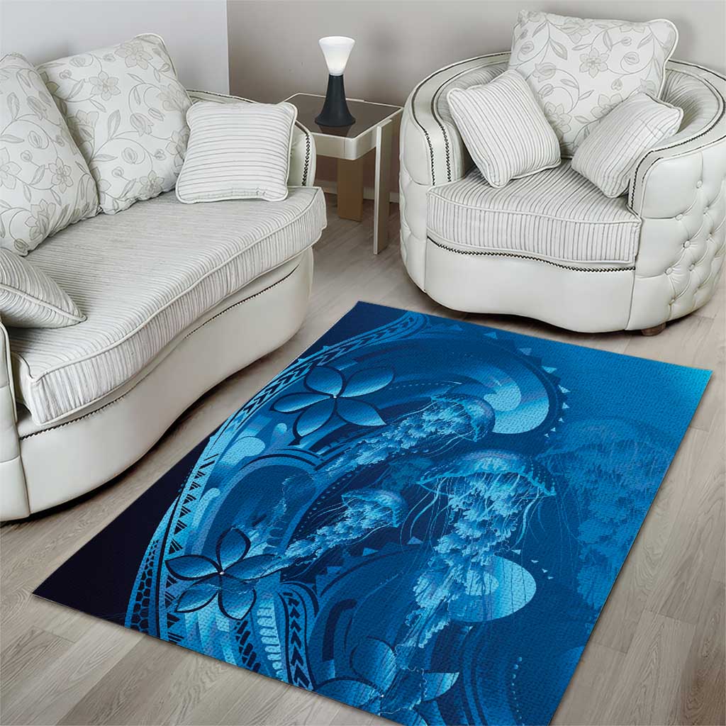 Blue Gradient Polynesia Jellyfish Area Rug Plumeria Polynesian Tattoo Glowing Vibes LT14 - Polynesian Pride