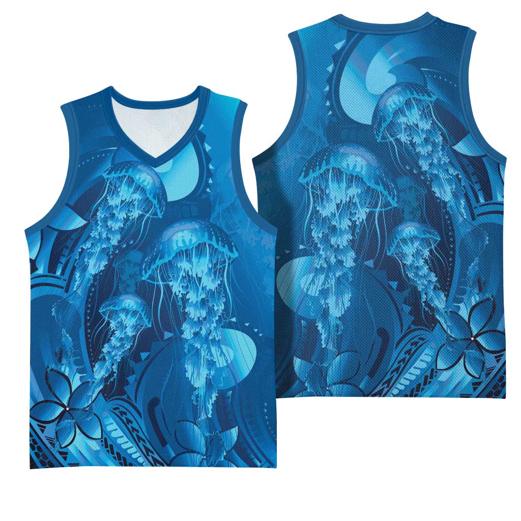 Blue Gradient Polynesia Jellyfish Basketball Jersey Plumeria Polynesian Tattoo Glowing Vibes LT14 - Polynesian Pride