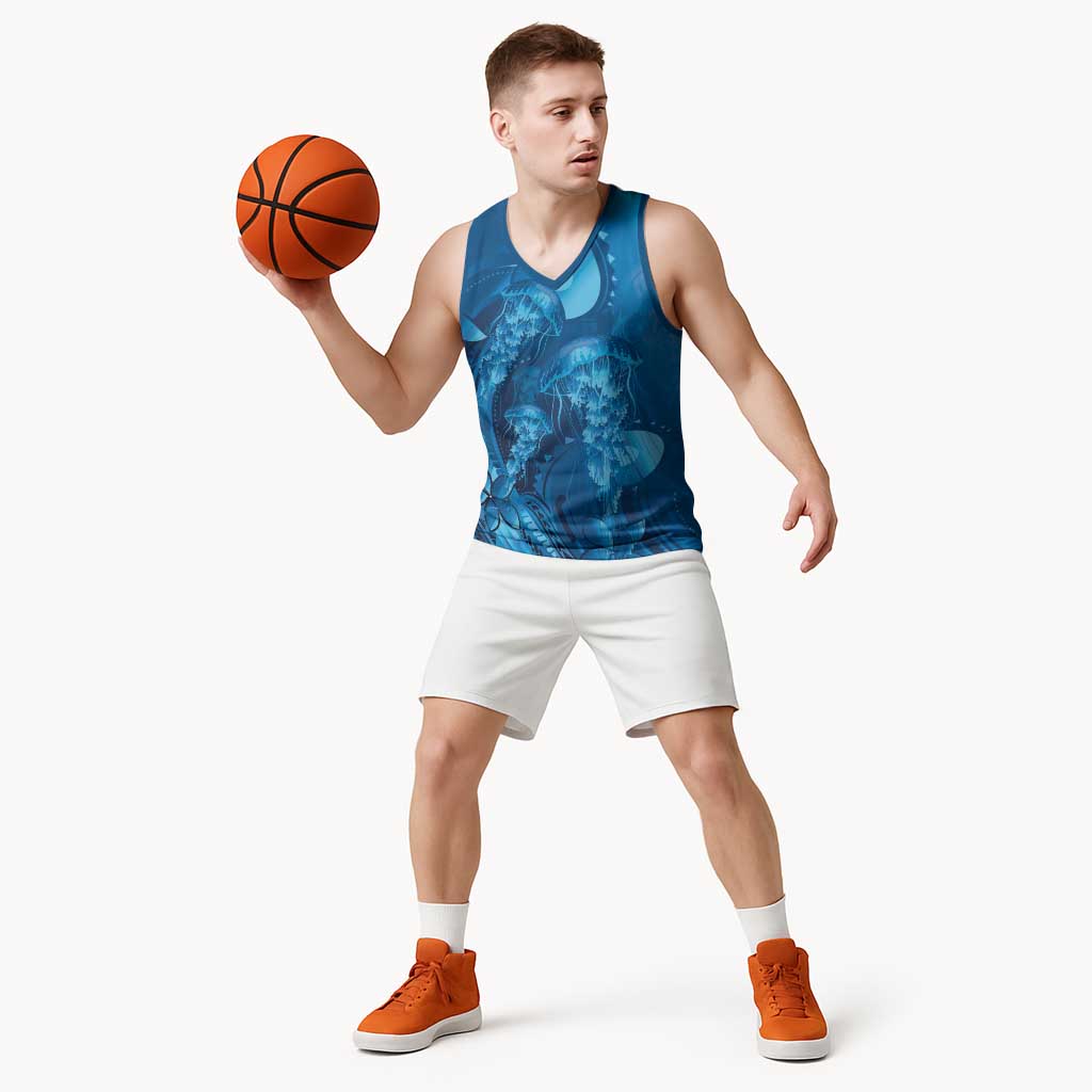 Blue Gradient Polynesia Jellyfish Basketball Jersey Plumeria Polynesian Tattoo Glowing Vibes LT14 - Polynesian Pride