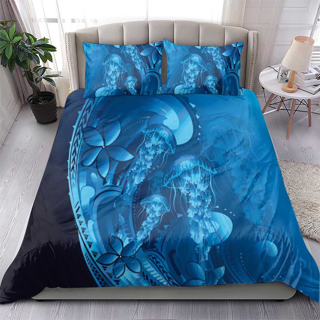 Blue Gradient Polynesia Jellyfish Bedding Set Plumeria Polynesian Tattoo Glowing Vibes LT14 - Polynesian Pride