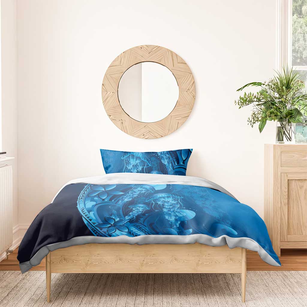 Blue Gradient Polynesia Jellyfish Bedding Set Plumeria Polynesian Tattoo Glowing Vibes LT14 - Polynesian Pride