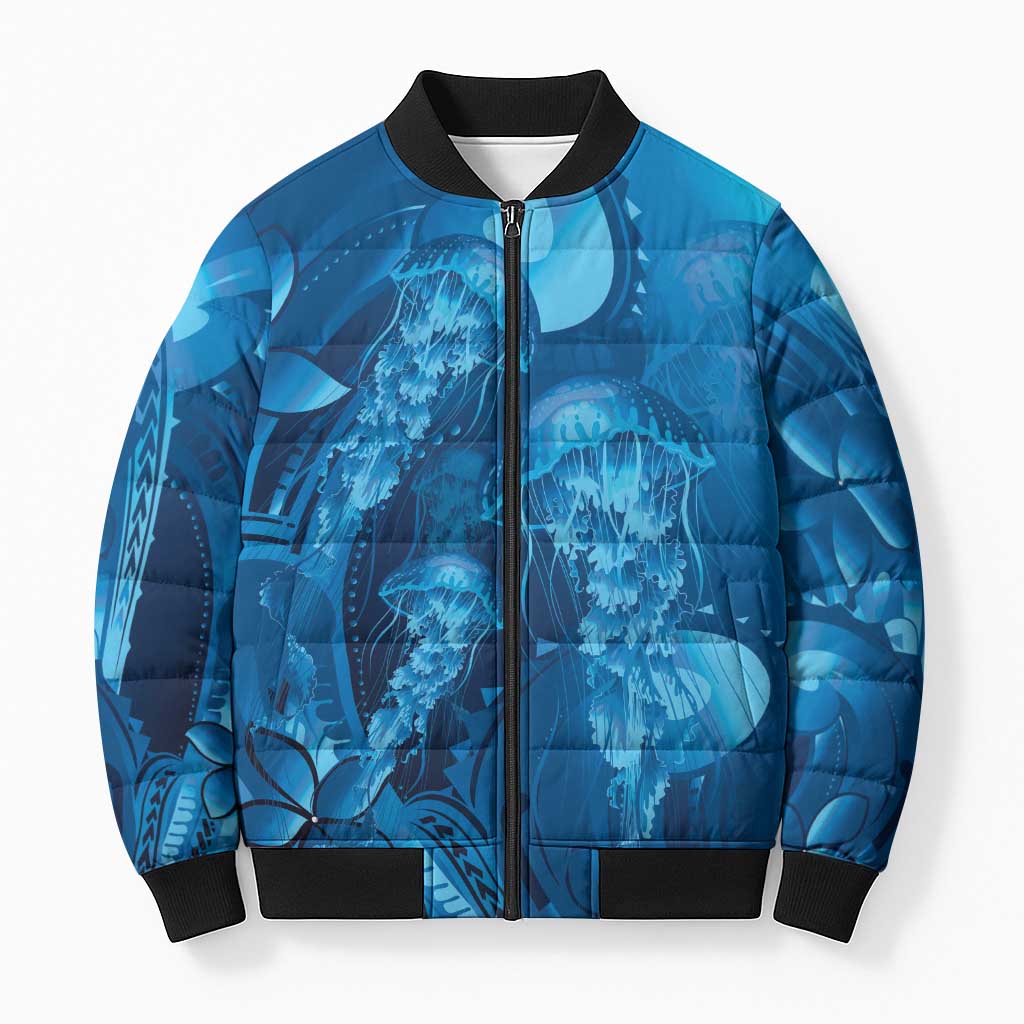 Blue Gradient Polynesia Jellyfish Bomber Puffer Jacket Plumeria Polynesian Tattoo Glowing Vibes LT14 Unisex Blue - Polynesian Pride
