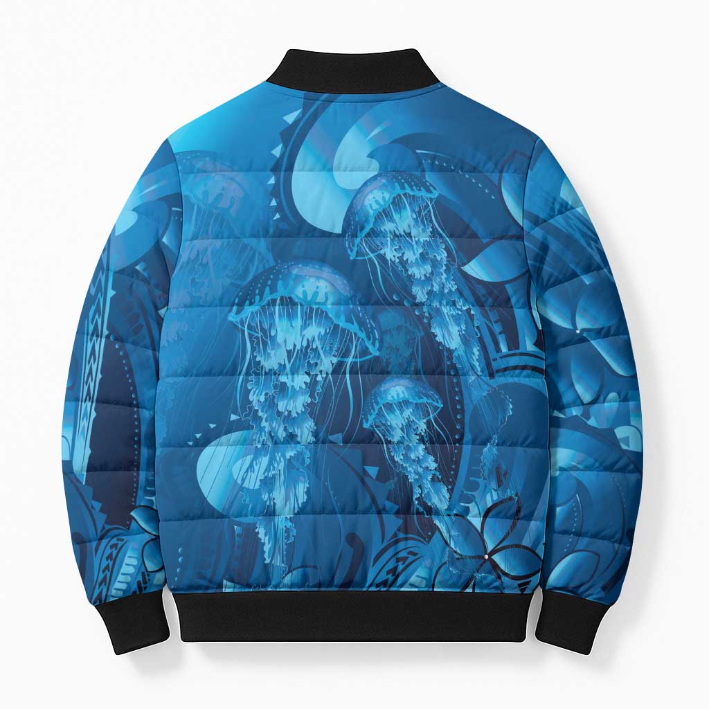 Blue Gradient Polynesia Jellyfish Bomber Puffer Jacket Plumeria Polynesian Tattoo Glowing Vibes LT14 - Polynesian Pride