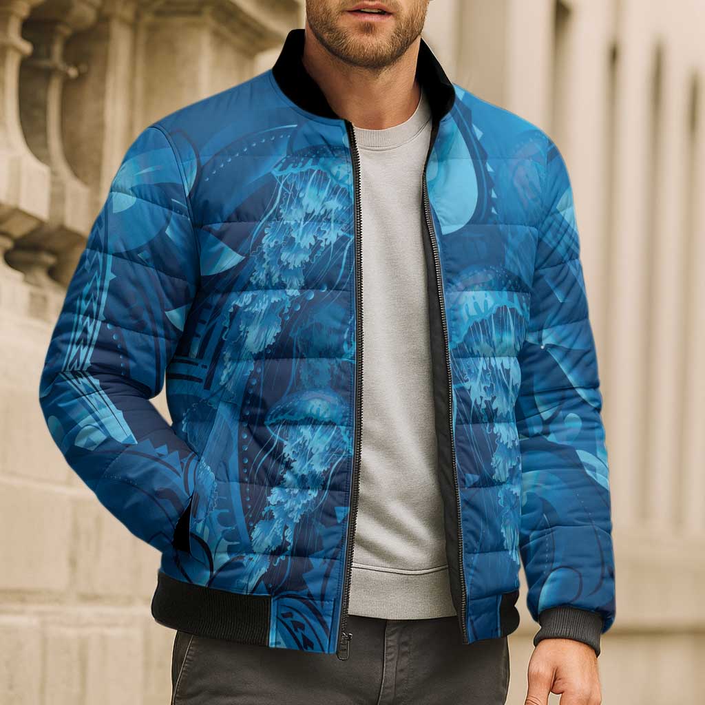 Blue Gradient Polynesia Jellyfish Bomber Puffer Jacket Plumeria Polynesian Tattoo Glowing Vibes LT14 - Polynesian Pride