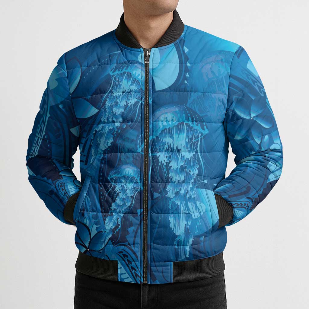 Blue Gradient Polynesia Jellyfish Bomber Puffer Jacket Plumeria Polynesian Tattoo Glowing Vibes LT14 - Polynesian Pride