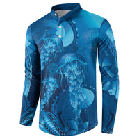 Blue Gradient Polynesia Jellyfish Button Sweatshirt Plumeria Polynesian Tattoo Glowing Vibes LT14 - Polynesian Pride