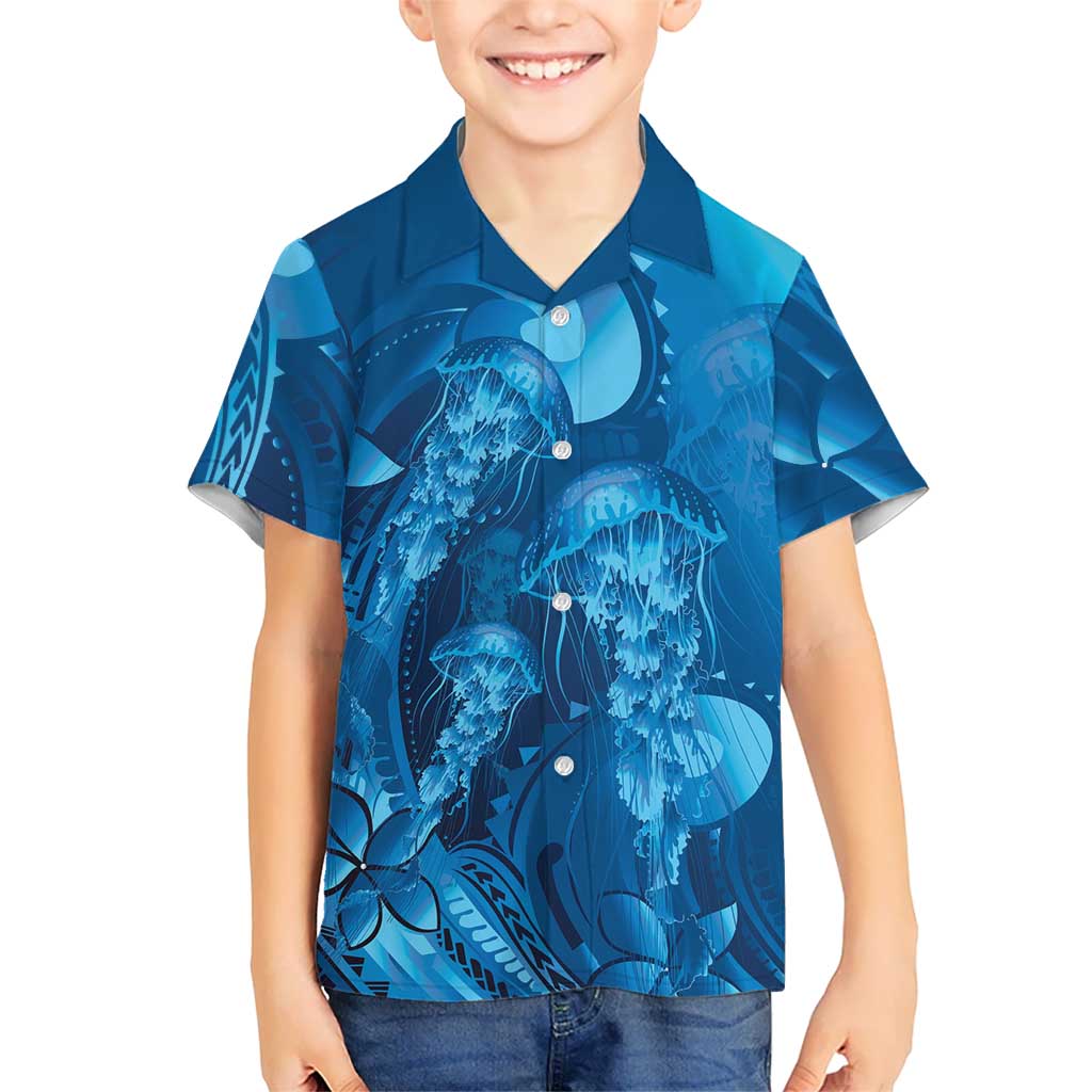 Blue Gradient Polynesia Jellyfish Kid Hawaiian Shirt Plumeria Polynesian Tattoo Glowing Vibes LT14 Kid Blue - Polynesian Pride