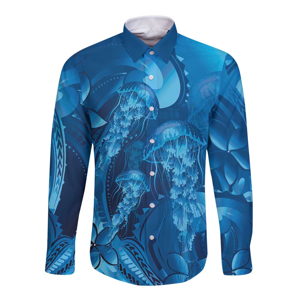 Blue Gradient Polynesia Jellyfish Long Sleeve Button Shirt Plumeria Polynesian Tattoo Glowing Vibes LT14 Unisex Blue - Polynesian Pride