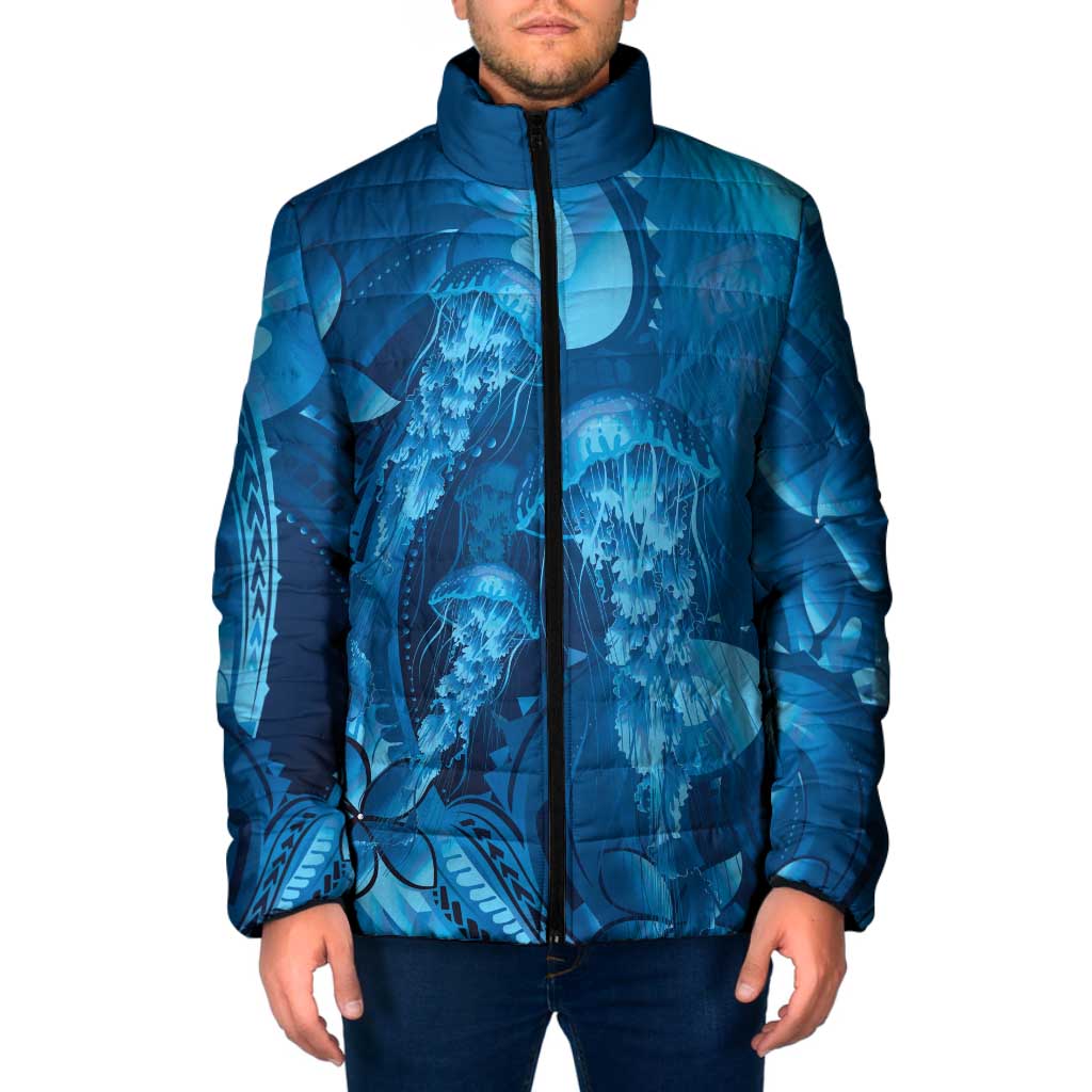 Blue Gradient Polynesia Jellyfish Padded Jacket Plumeria Polynesian Tattoo Glowing Vibes LT14 Men Blue - Polynesian Pride