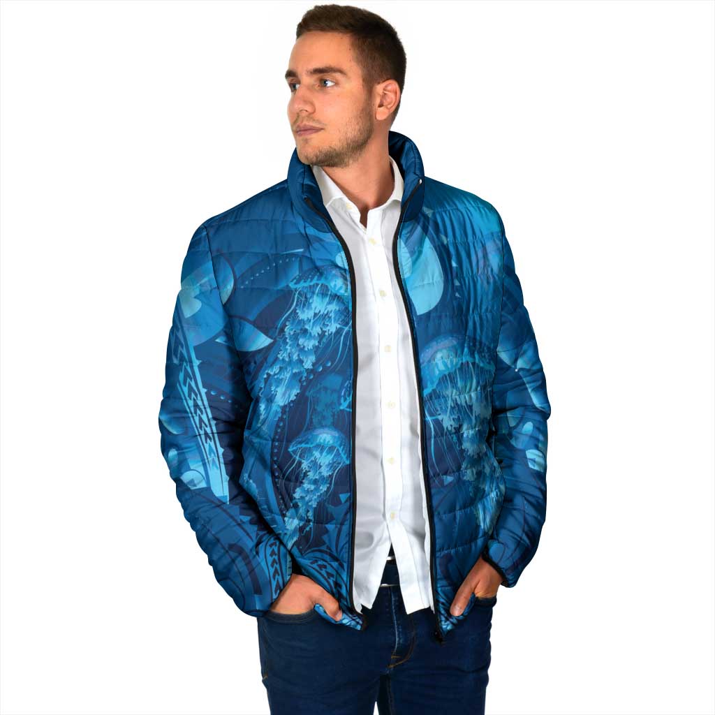 Blue Gradient Polynesia Jellyfish Padded Jacket Plumeria Polynesian Tattoo Glowing Vibes LT14 - Polynesian Pride