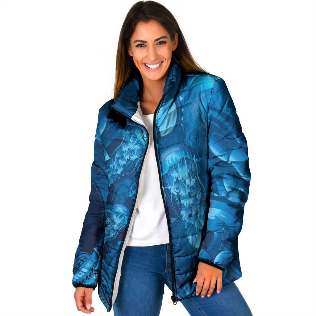Blue Gradient Polynesia Jellyfish Padded Jacket Plumeria Polynesian Tattoo Glowing Vibes LT14 Women Blue - Polynesian Pride