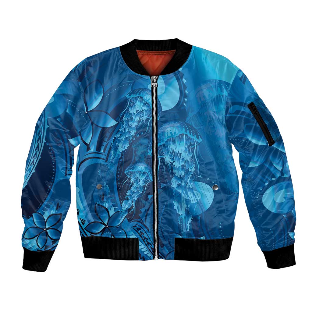 Blue Gradient Polynesia Jellyfish Sleeve Zip Bomber Jacket Plumeria Polynesian Tattoo Glowing Vibes LT14 Unisex Blue - Polynesian Pride