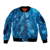 Blue Gradient Polynesia Jellyfish Sleeve Zip Bomber Jacket Plumeria Polynesian Tattoo Glowing Vibes LT14 Unisex Blue - Polynesian Pride