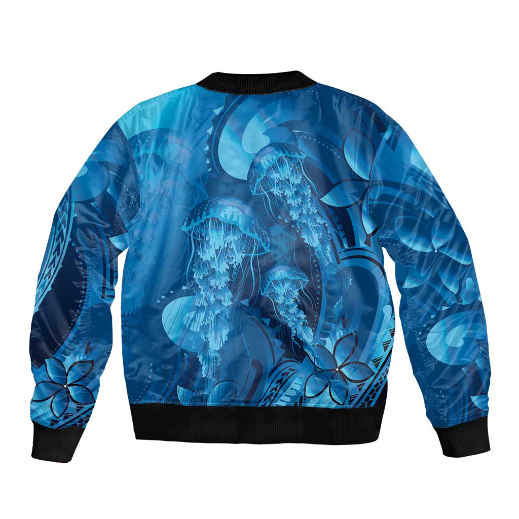 Blue Gradient Polynesia Jellyfish Sleeve Zip Bomber Jacket Plumeria Polynesian Tattoo Glowing Vibes LT14 - Polynesian Pride