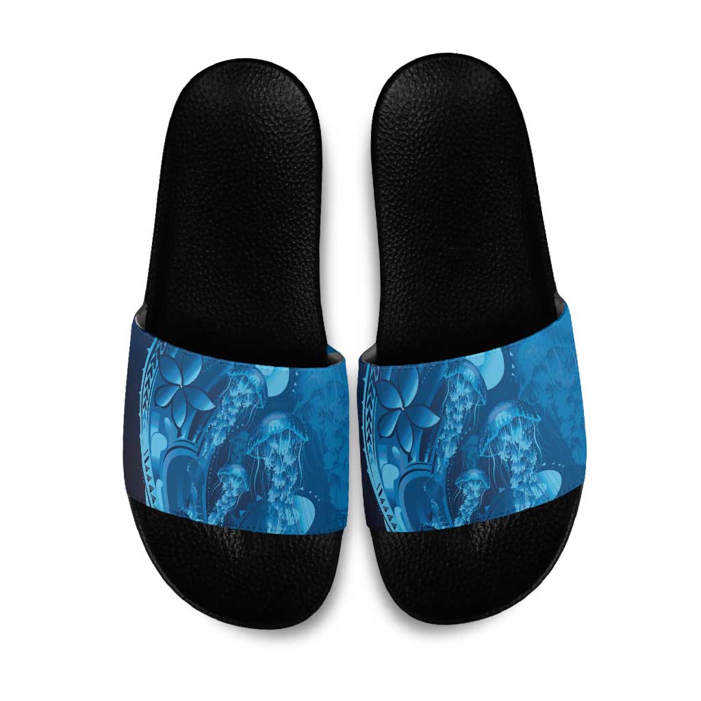 Blue Gradient Polynesia Jellyfish Slide Sandals Plumeria Polynesian Tattoo Glowing Vibes LT14 Blue - Polynesian Pride