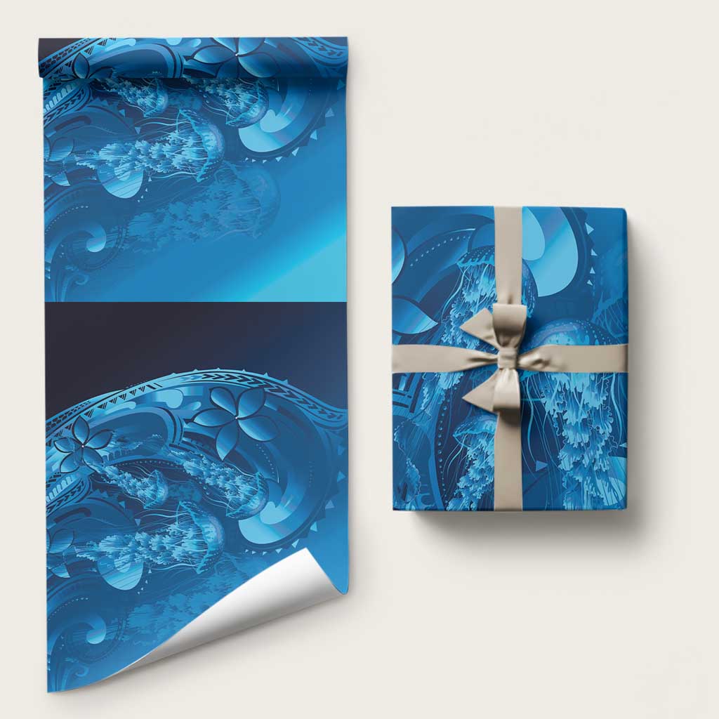 Blue Gradient Polynesia Jellyfish Wrapping Paper Plumeria Polynesian Tattoo Glowing Vibes LT14 58" × 23" Blue - Polynesian Pride