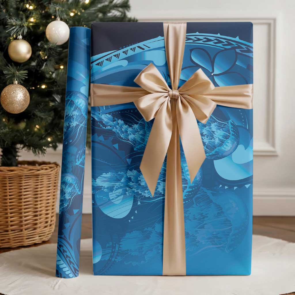 Blue Gradient Polynesia Jellyfish Wrapping Paper Plumeria Polynesian Tattoo Glowing Vibes LT14 - Polynesian Pride