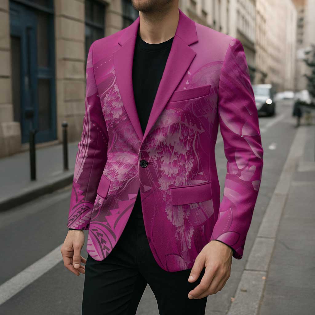 Pink Gradient Polynesia Jellyfish Blazer Plumeria Polynesian Tattoo Glowing Vibes LT14 - Polynesian Pride