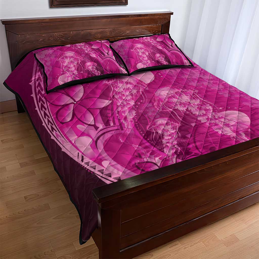 Pink Gradient Polynesia Jellyfish Quilt Bed Set Plumeria Polynesian Tattoo Glowing Vibes LT14 - Polynesian Pride