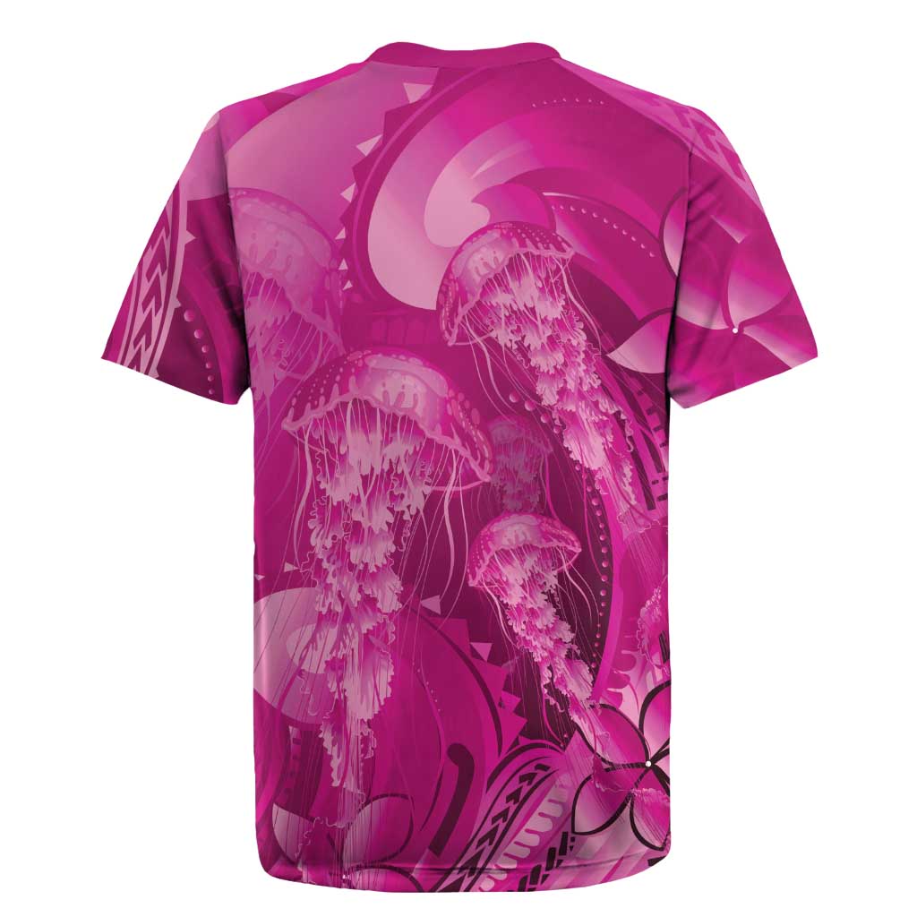 Pink Gradient Polynesia Jellyfish Rugby Jersey Plumeria Polynesian Tattoo Glowing Vibes LT14 - Polynesian Pride
