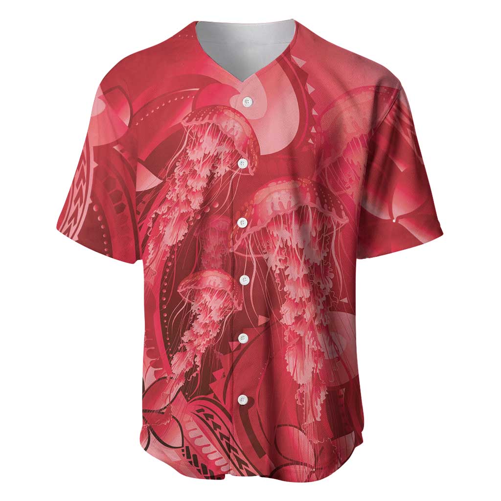 Red Gradient Polynesia Jellyfish Baseball Jersey Plumeria Polynesian Tattoo Glowing Vibes LT14 Red - Polynesian Pride