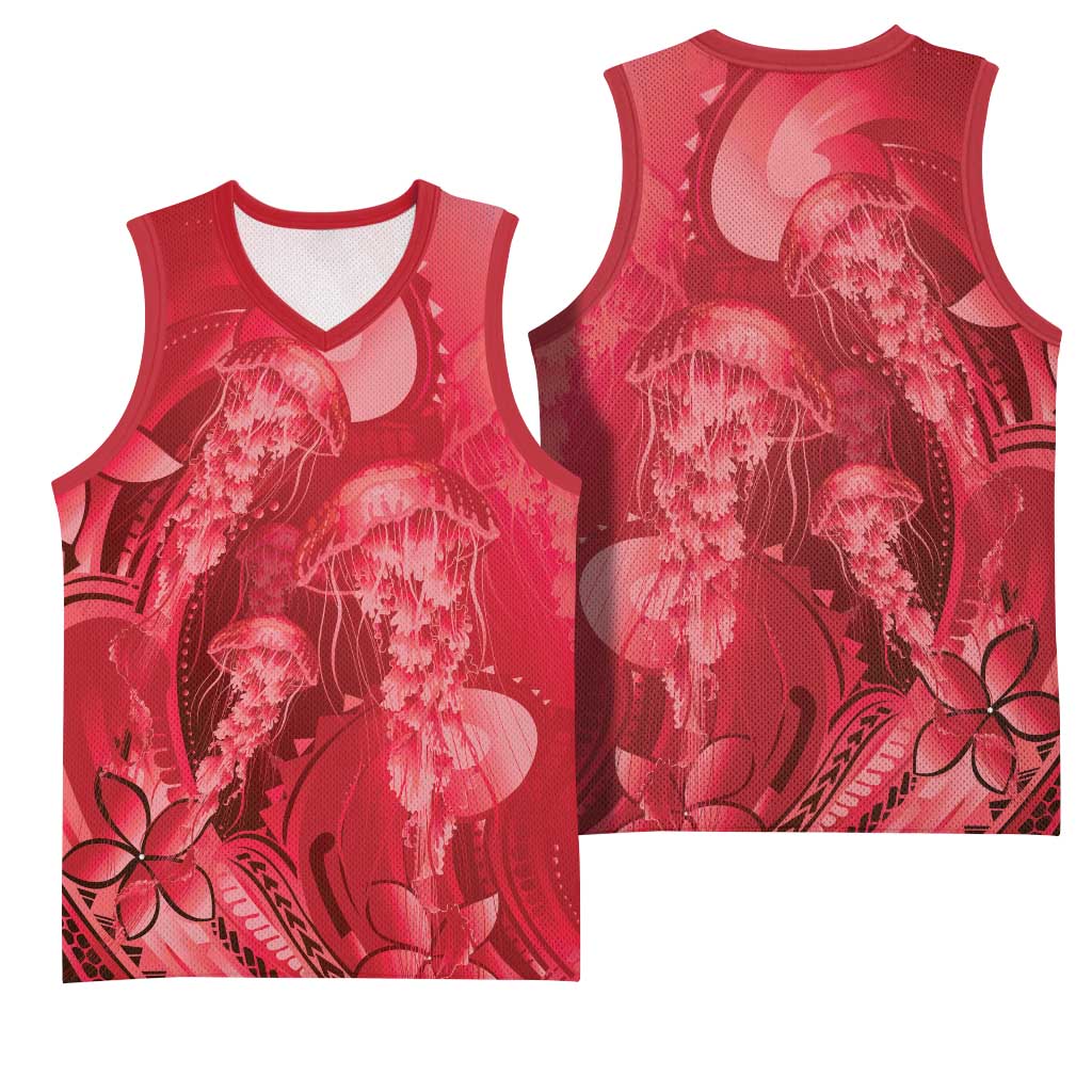 Red Gradient Polynesia Jellyfish Basketball Jersey Plumeria Polynesian Tattoo Glowing Vibes LT14 - Polynesian Pride