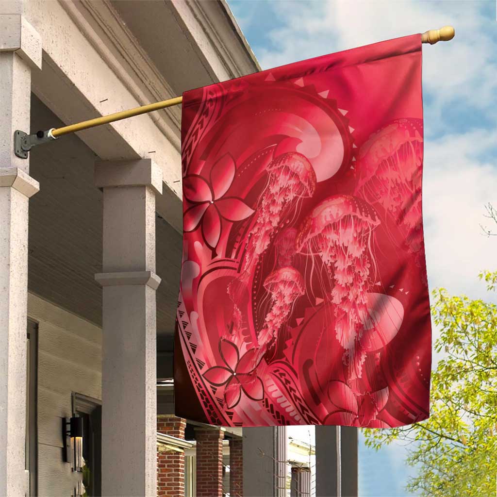 Red Gradient Polynesia Jellyfish Garden Flag Plumeria Polynesian Tattoo Glowing Vibes LT14 House Flag Red - Polynesian Pride