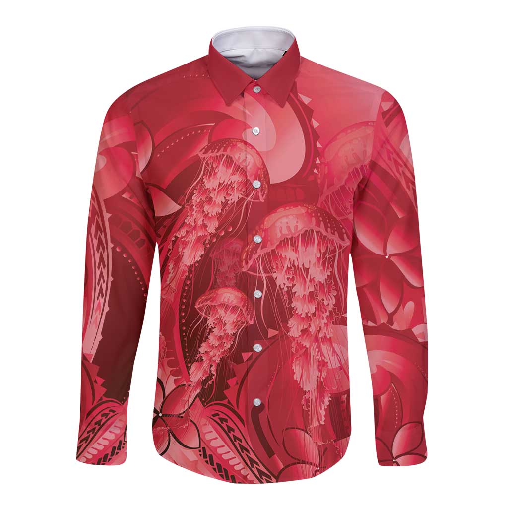 Red Gradient Polynesia Jellyfish Long Sleeve Button Shirt Plumeria Polynesian Tattoo Glowing Vibes LT14 Unisex Red - Polynesian Pride