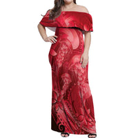 Red Gradient Polynesia Jellyfish Off Shoulder Maxi Dress Plumeria Polynesian Tattoo Glowing Vibes LT14 Women Red - Polynesian Pride