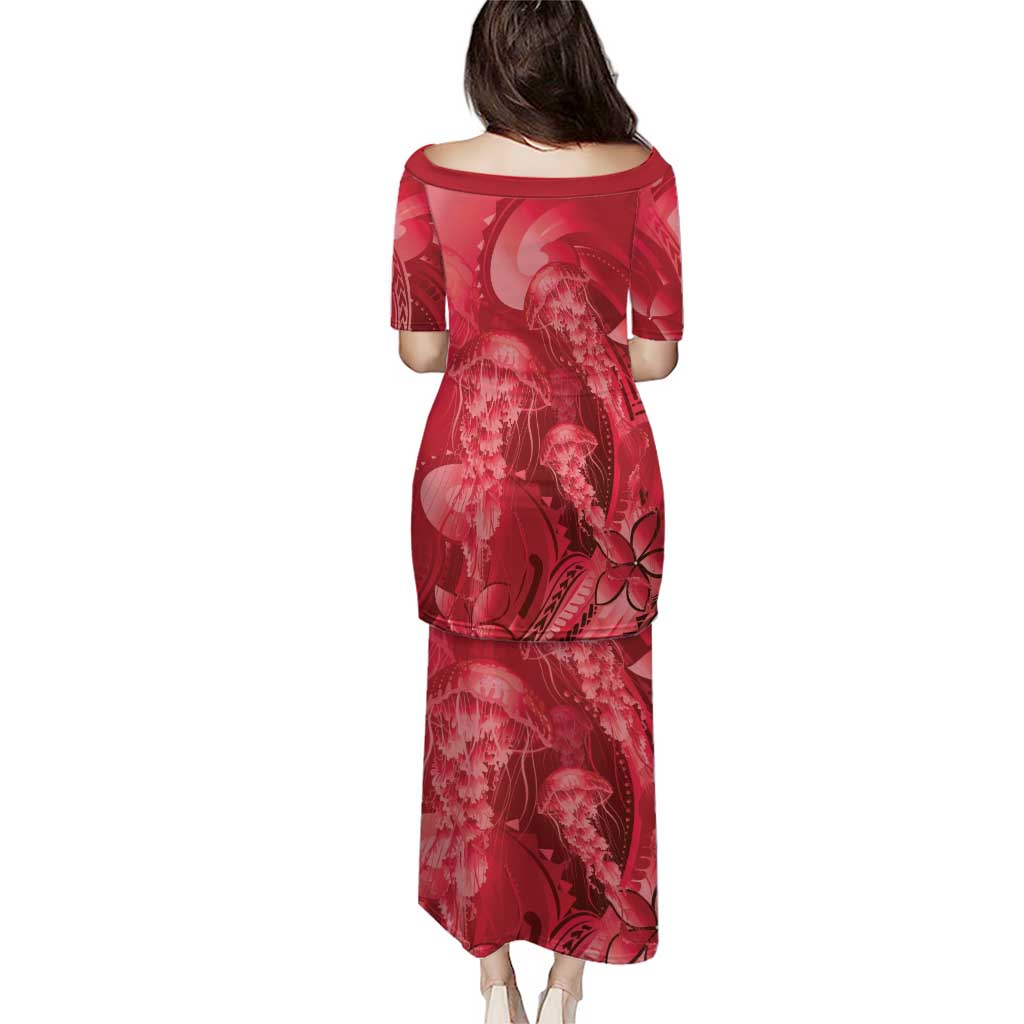 Red Gradient Polynesia Jellyfish Puletasi Plumeria Polynesian Tattoo Glowing Vibes LT14 - Polynesian Pride