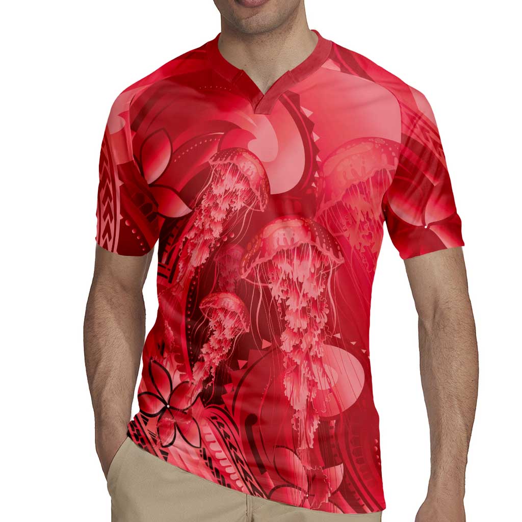 Red Gradient Polynesia Jellyfish Rugby Jersey Plumeria Polynesian Tattoo Glowing Vibes LT14 - Polynesian Pride