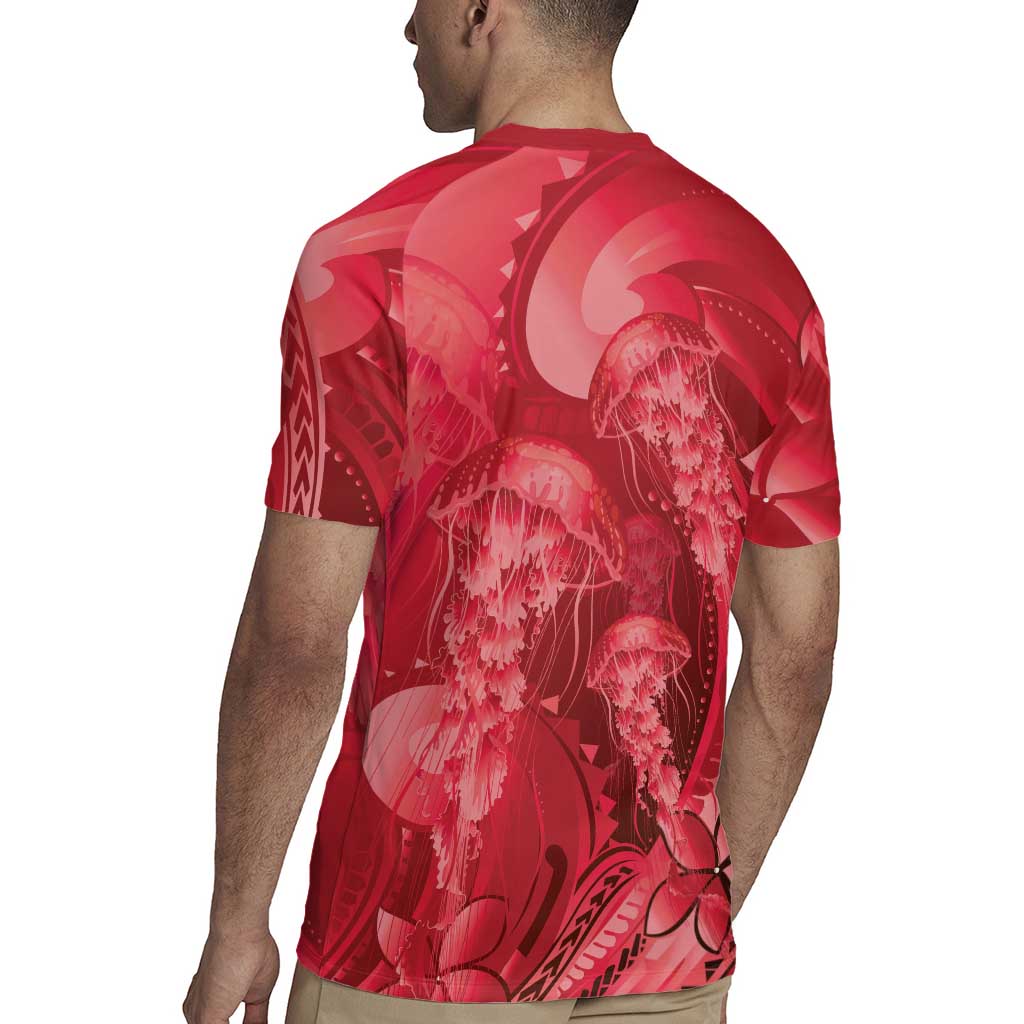 Red Gradient Polynesia Jellyfish Rugby Jersey Plumeria Polynesian Tattoo Glowing Vibes LT14 - Polynesian Pride