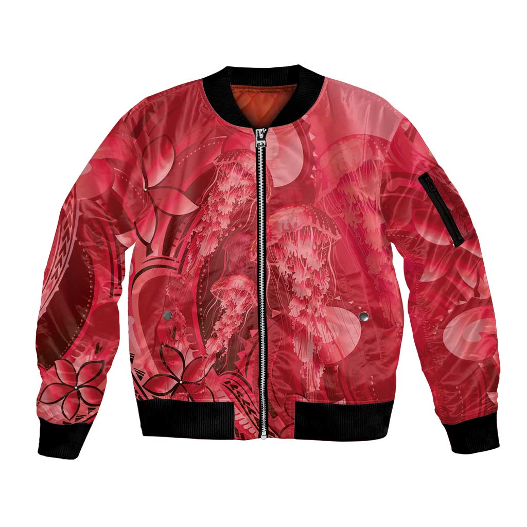 Red Gradient Polynesia Jellyfish Sleeve Zip Bomber Jacket Plumeria Polynesian Tattoo Glowing Vibes LT14 Unisex Red - Polynesian Pride
